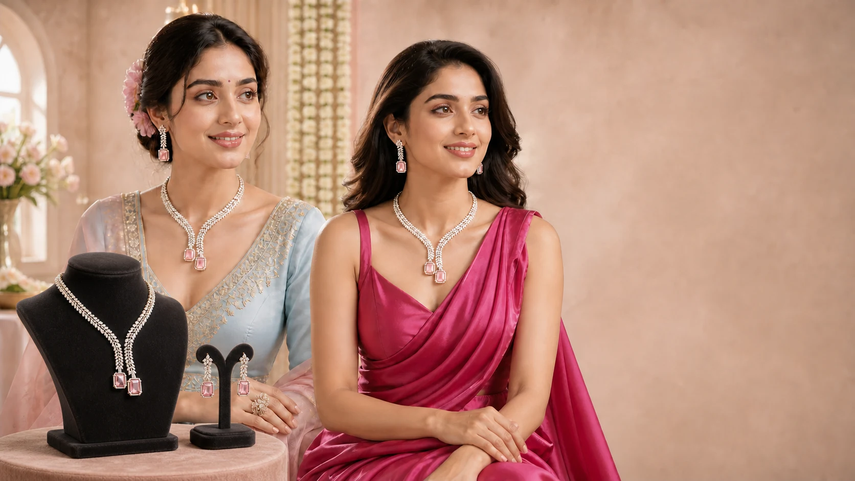 Two Indian models in powder blue and fuchsia looks wearing the blush pink Y-shaped American diamond necklace set