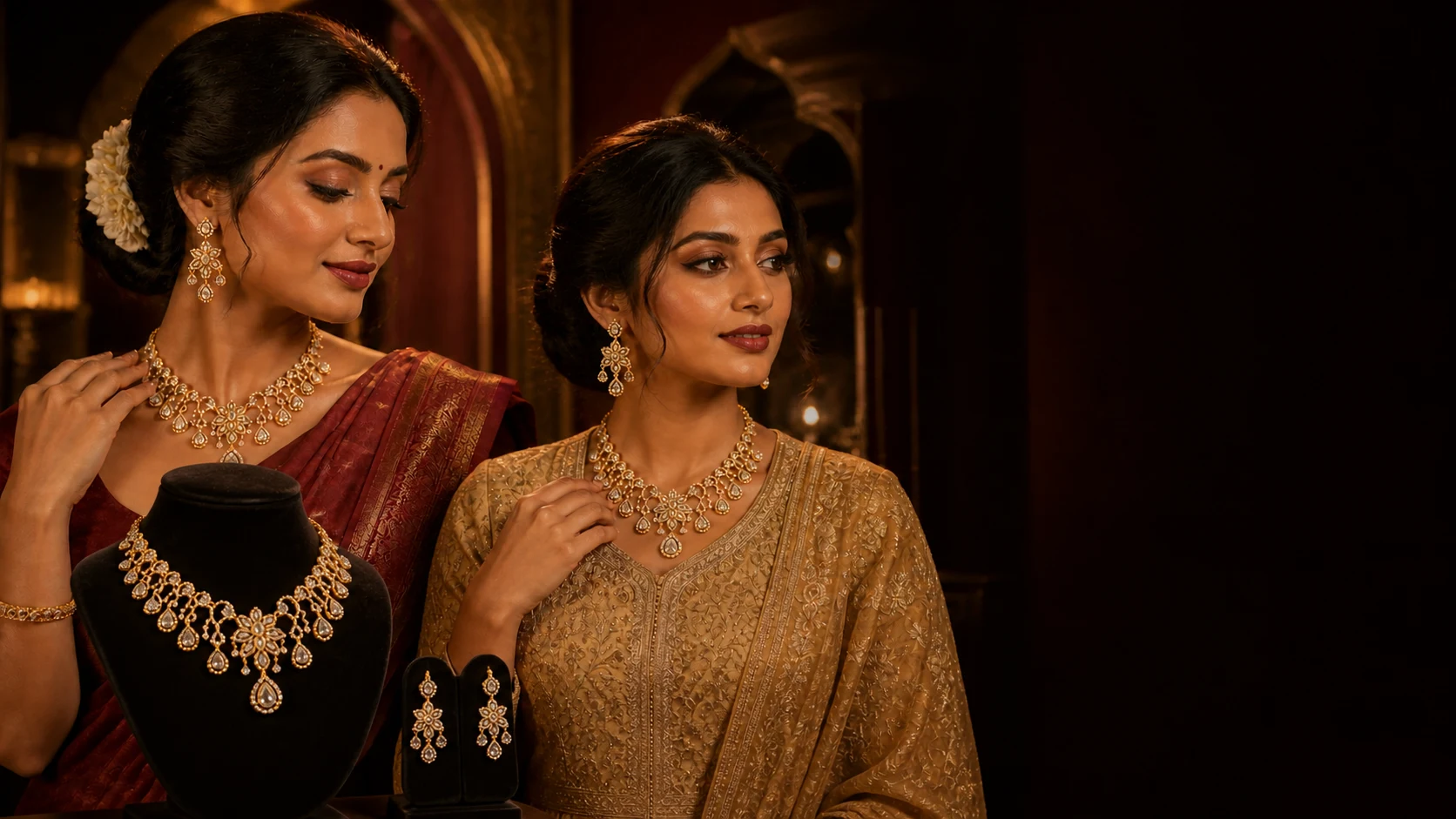 Two Indian models in wine silk and antique-gold looks wearing the champagne Kundan-inspired American diamond necklace set