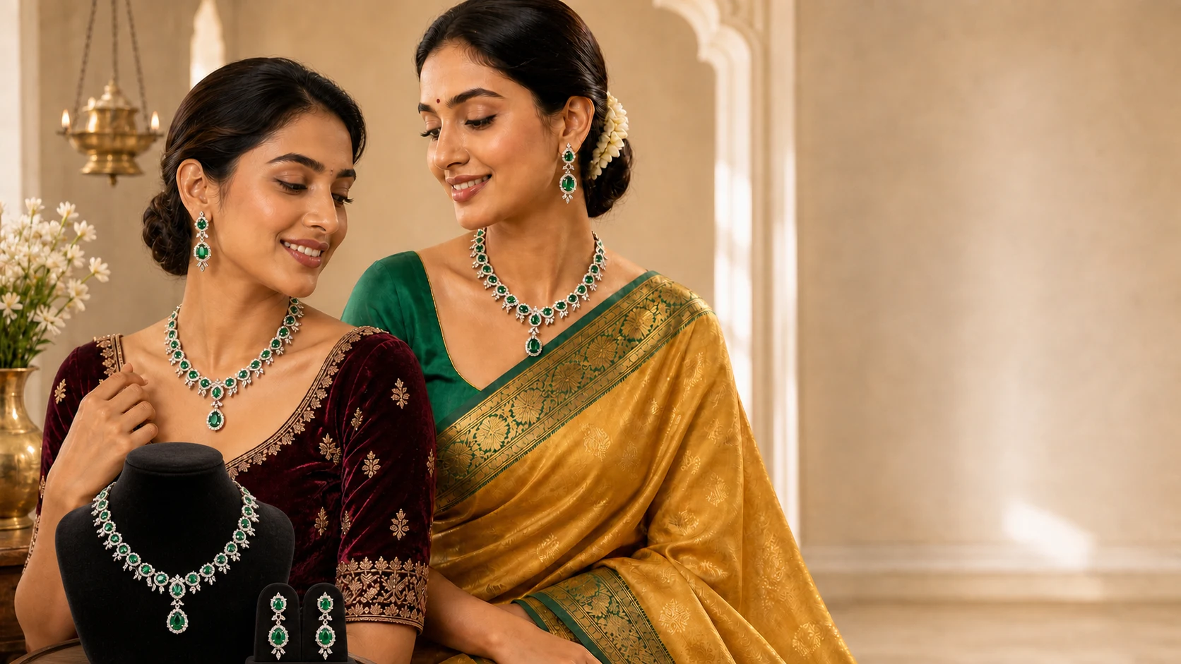 Two Indian models in gold Paithani and wine velvet looks wearing the emerald green designer American diamond necklace set