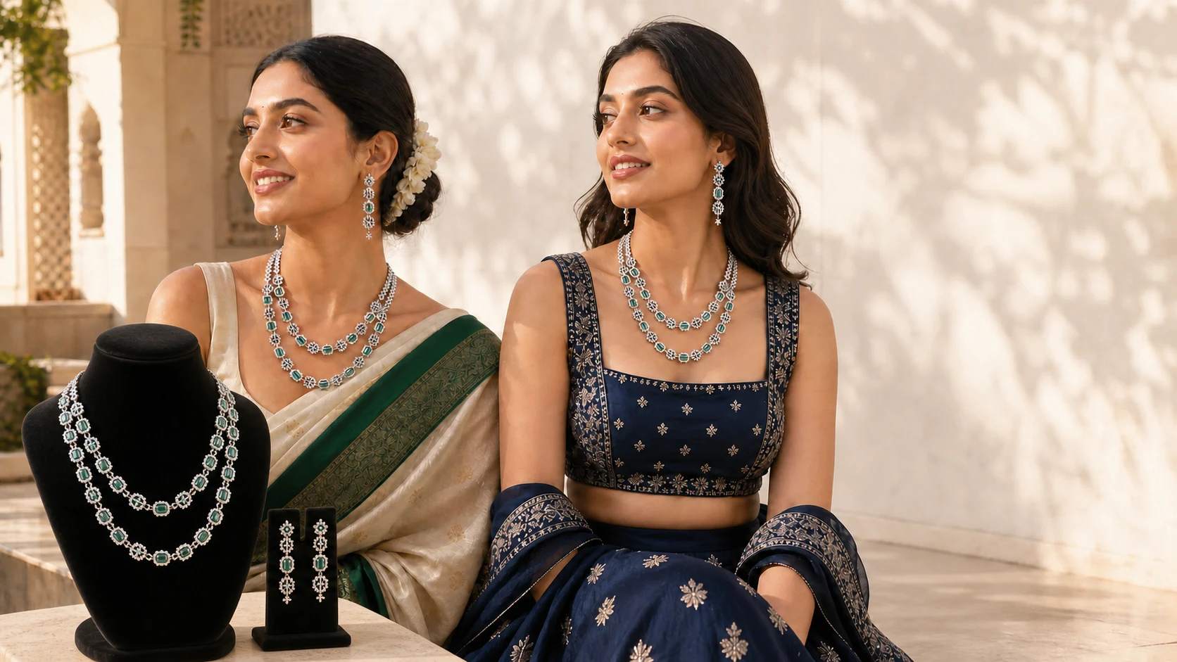 Two Indian models in ivory saree and midnight-blue lehenga looks wearing the emerald double-layer American diamond necklace set