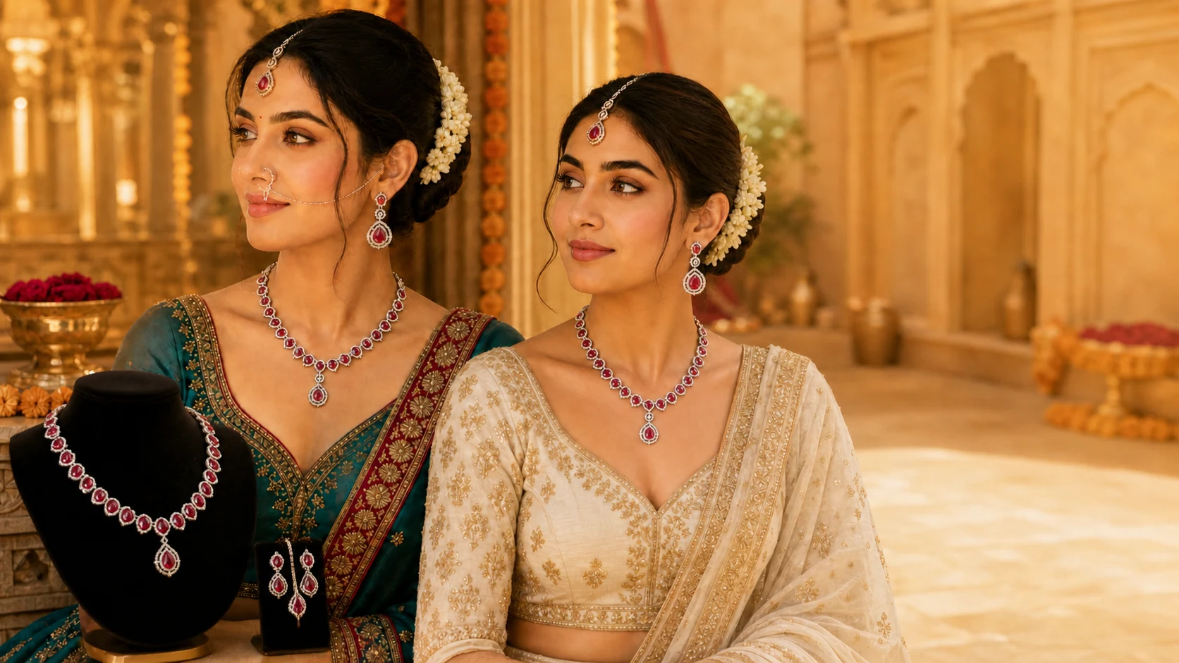 Two Indian bridal models in peacock teal and ivory-gold looks wearing the ruby red American diamond necklace, earrings and maang tikka