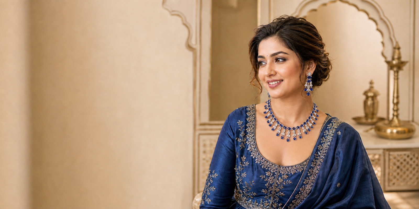 Model wearing the royal blue American diamond necklace set with a blue silk anarkali