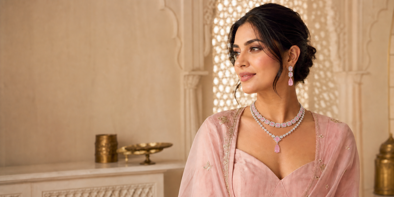Model wearing the blush pink layered American diamond necklace set with a festive lehenga