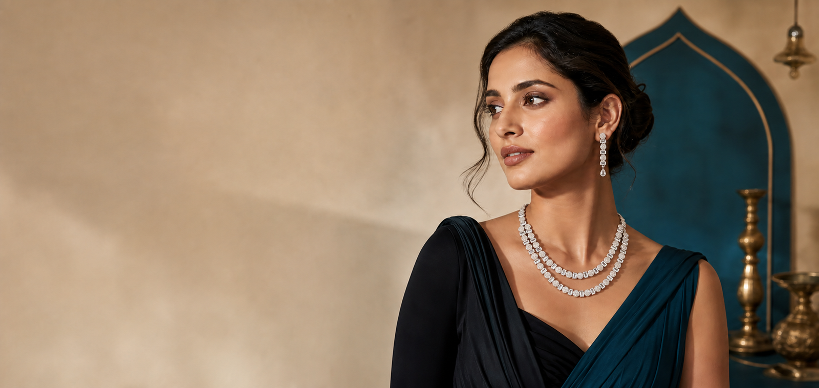Model wearing the clear double-row American diamond necklace set with an Indo-western drape
