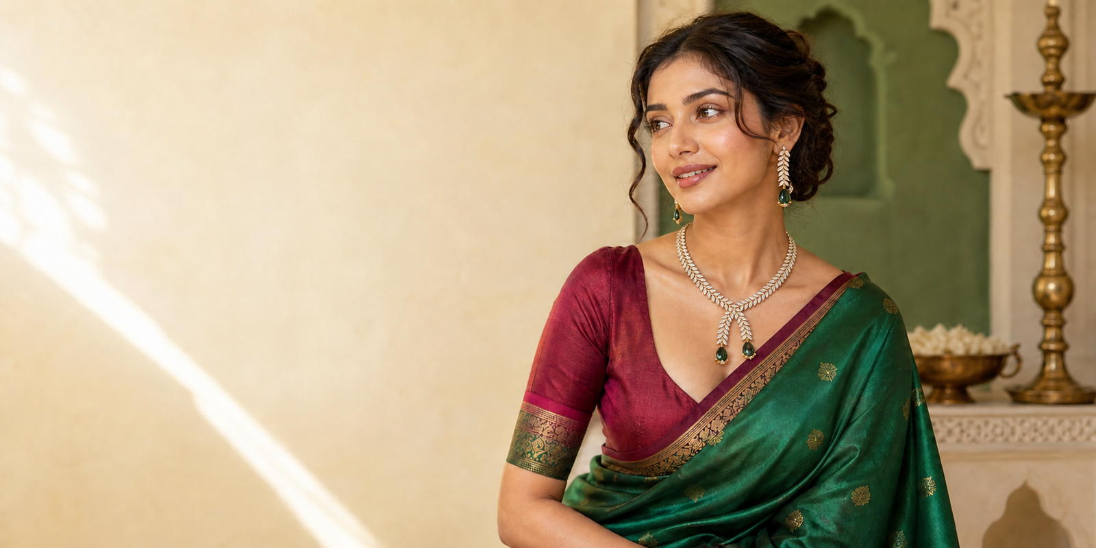 Model wearing the emerald vine American diamond necklace set with a Maharashtrian paithani saree