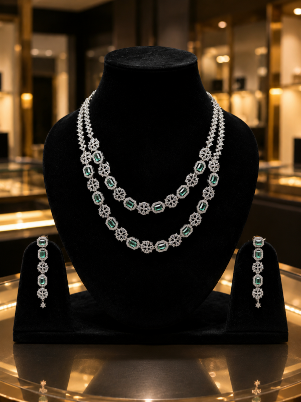 Emerald Green Double Layer Necklace Set with Earrings