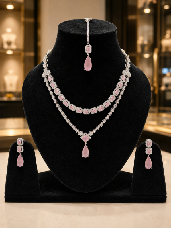 Blush Pink Layered Bridal Necklace Set with Earrings & Maang Tikka