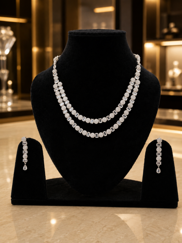 Double Layer American Diamond Necklace Set with Earrings