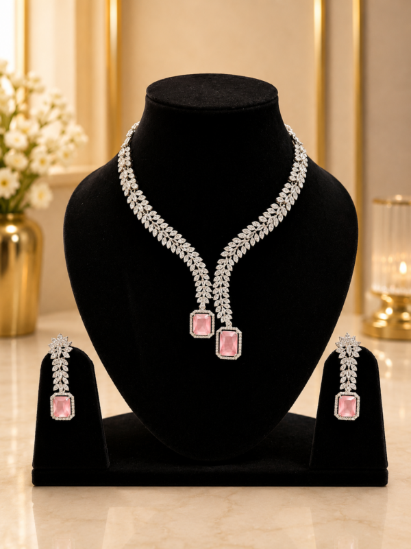 Blush Pink Y-Shaped Necklace Set with Earrings