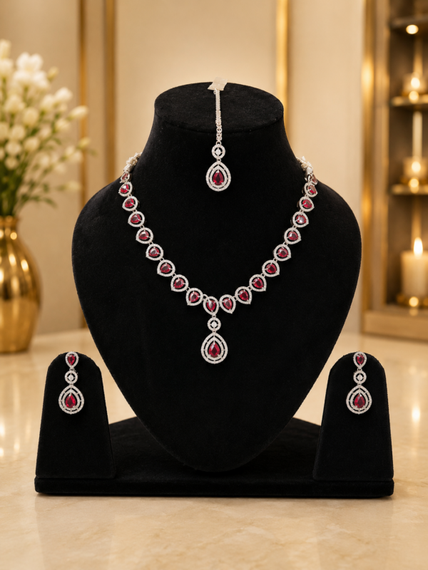 Ruby Red American Diamond Necklace Set with Earrings & Maang Tikka